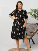 Wholesale Plus Leaf Print Lapel Slit Dress