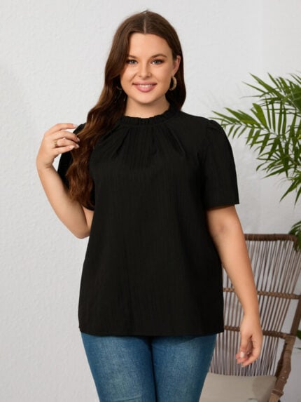 Wholesale Plus Solid Color Pleated Short Sleeve Blouse