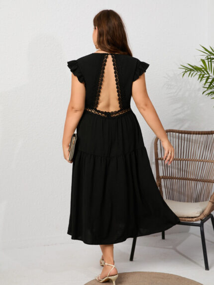 Wholesale Plus V Neck Lace Panel Open Back Dress