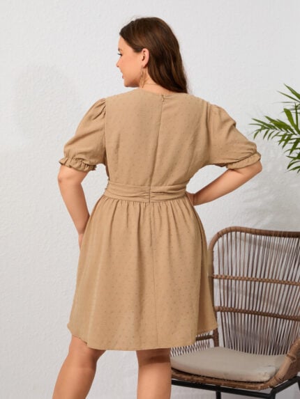 Wholesale Plus V Neck Puff Sleeve High Waist Dress