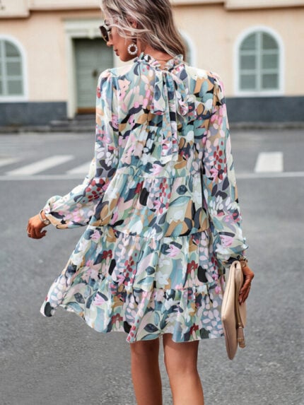 Wholesale Printed Puff Sleeve Loose Dress