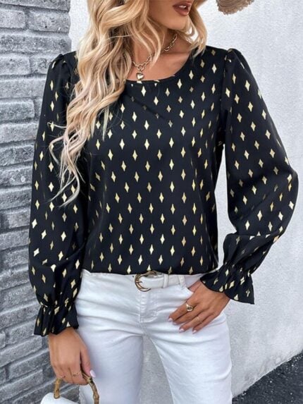 Wholesale Printed Round Neck Ruffle Sleeve Blouse