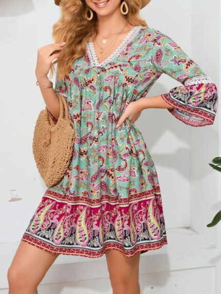 Wholesale Retro Bohemian Print Mini Dress