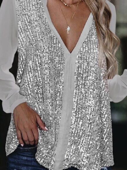 Wholesale Sequined V-Neck Long Sleeve Blouse