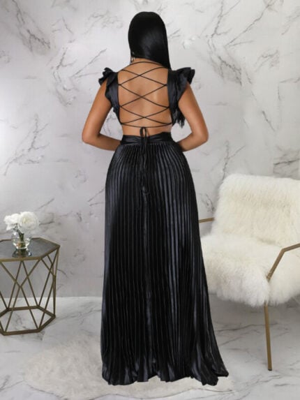 Wholesale Sexy Backless Deep V Pleated Dress