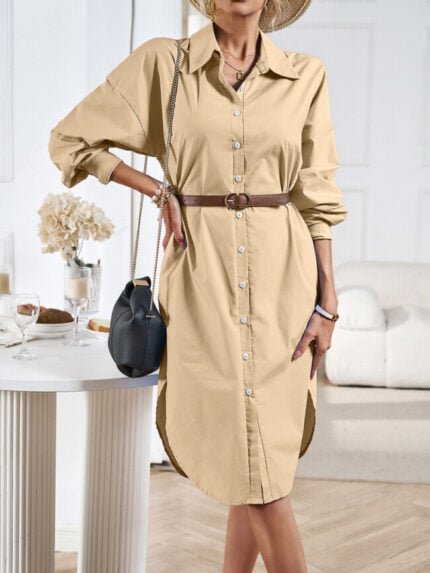 Wholesale Solid Color Casual Lapel Shirt Dress