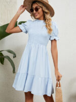 Wholesale Solid Color Puff Sleeve Ruffle Dress