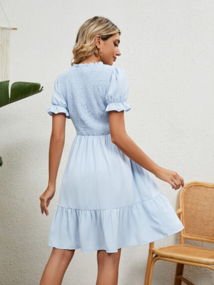 Wholesale Solid Color Puff Sleeve Ruffle Dress