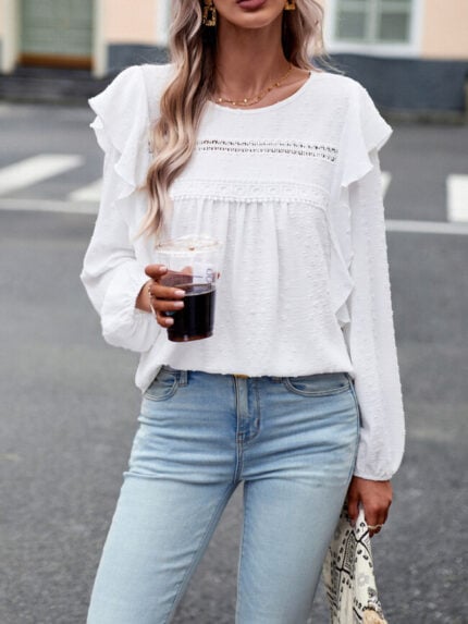 Wholesale Solid Color Ruffle Puff Sleeve Blouse