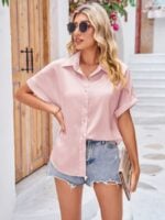 Wholesale Solid Color Satin Button Short Sleeve Shirt