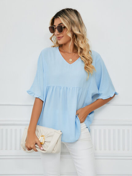 Wholesale Solid Color V Neck Loose Chiffon Top