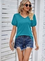 Wholesale Solid Color V-neck Puff Sleeve T-shirt