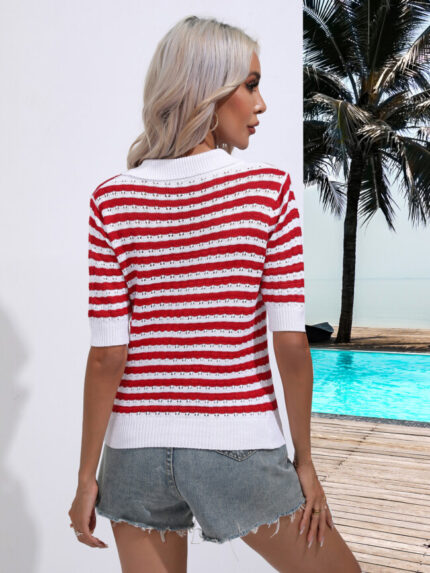 Wholesale Striped Hollow Lapel Short-Sleeve Knit Top