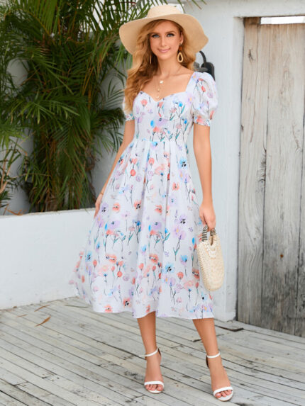 Wholesale Sweet Floral Puff Sleeve Dress