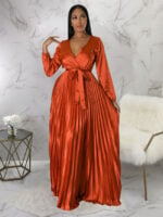 Wholesale V-Neck Balloon Sleeve Pleated Dress