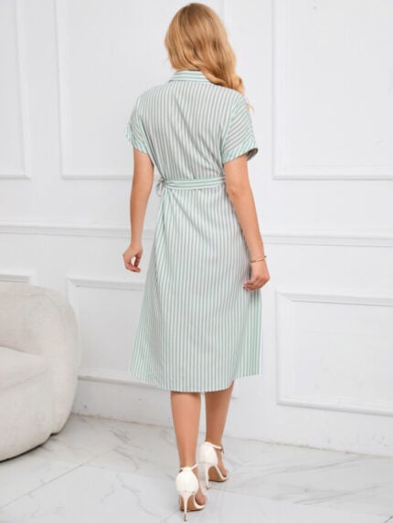 Wholesale V Neck Belt Lapel Striped Shirt Dress