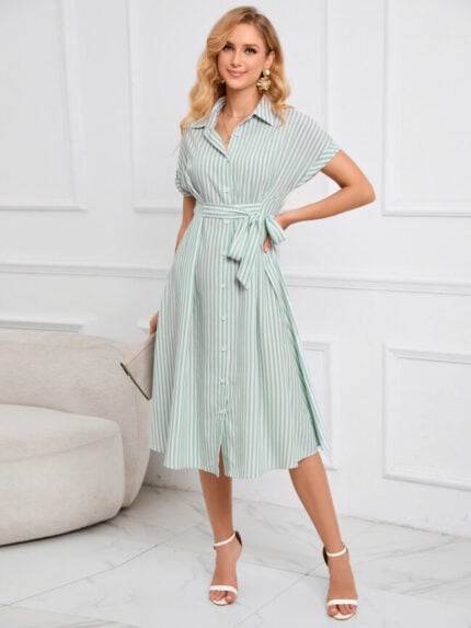 Wholesale V Neck Belt Lapel Striped Shirt Dress