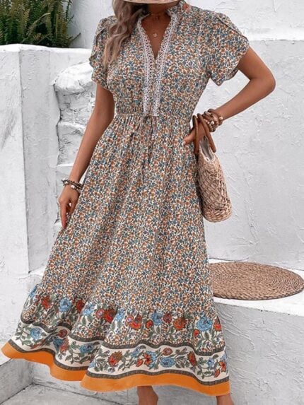 Wholesale V Neck Floral Short Sleeve Dress