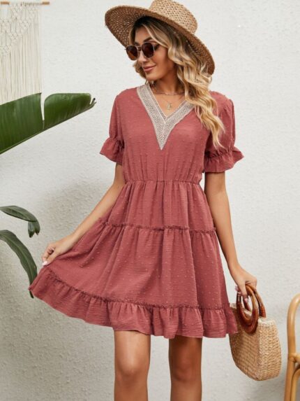 Wholesale V Neck Jacquard Ruffle Sleeve Dress