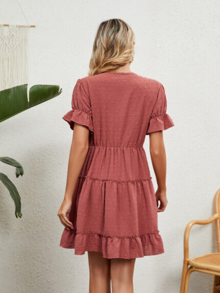 Wholesale V Neck Jacquard Ruffle Sleeve Dress