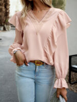 Wholesale V Neck Lace Panel Ruffle Sleeves Blouse