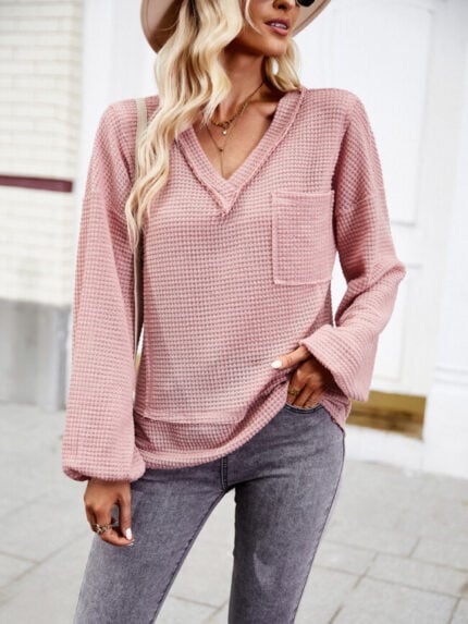 Wholesale V Neck Pocket Long Sleeve Knit Top