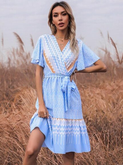 Wholesale V-Neck Printed Tie Ruffle Sleeve Dress