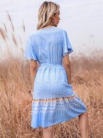 Wholesale V-Neck Printed Tie Ruffle Sleeve Dress