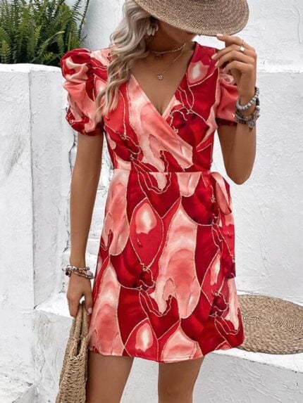 Wholesale V-Neck Puff Sleeve Tie Print Dress