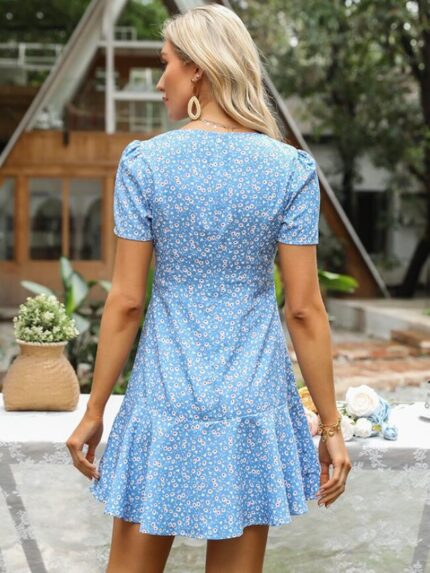 Wholesale V Neck Ruffle Short Sleeve Floral Dress