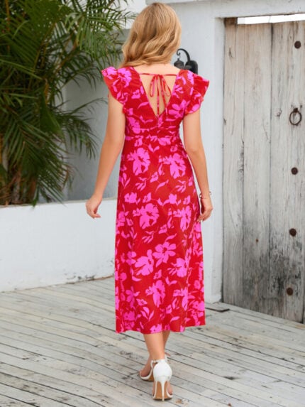 Wholesale V-neck Backless Slit Floral Dress