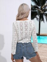 Wholesale V-neck Drawstring Hollow Knit Blouse