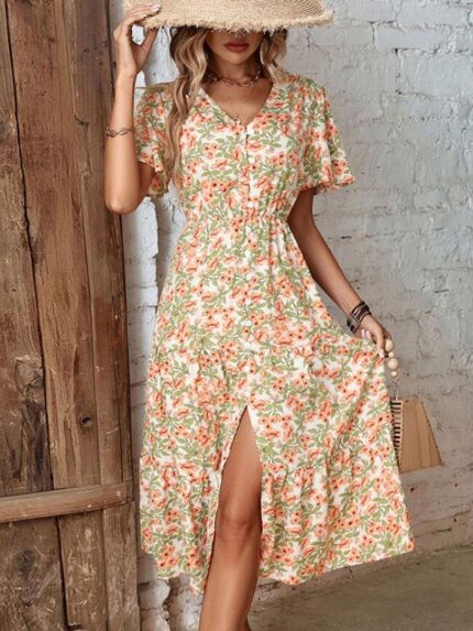 Wholesale V-neck Floral Slit Dress