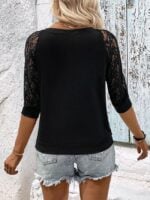 Wholesale V-neck Lace Panel Half Sleeved T-shirt