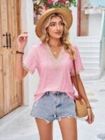 Wholesale V-neck Lace Panel Short Sleeved T-shirt