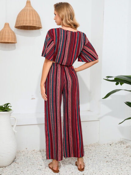 Wholesale Vintage Stripe V-Neck Two-Piece Set