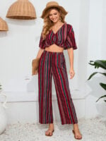 Wholesale Vintage Stripe V-Neck Two-Piece Set