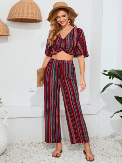 Wholesale Vintage Stripe V-Neck Two-Piece Set