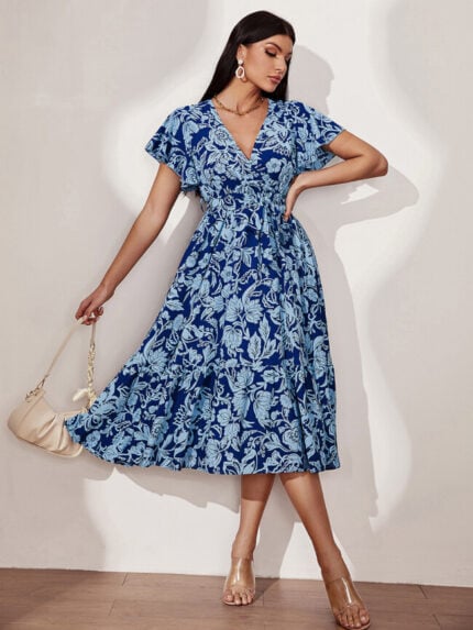 Wholesale Blue Floral V-neck Slit Short Sleeved Dress