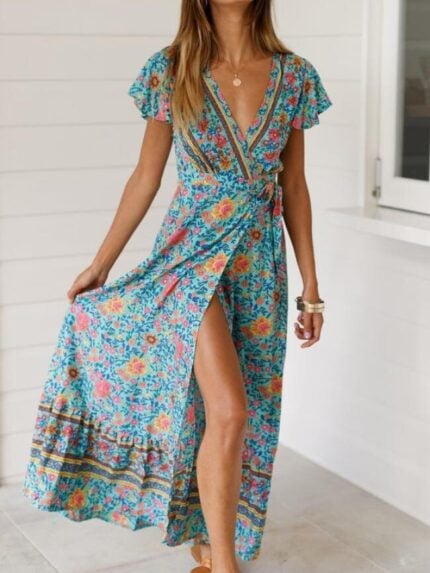 Wholesale Bohemian Floral Print Slit Dress