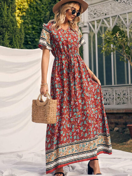 Wholesale Bohemian Print V Neck Short Sleeve Dress