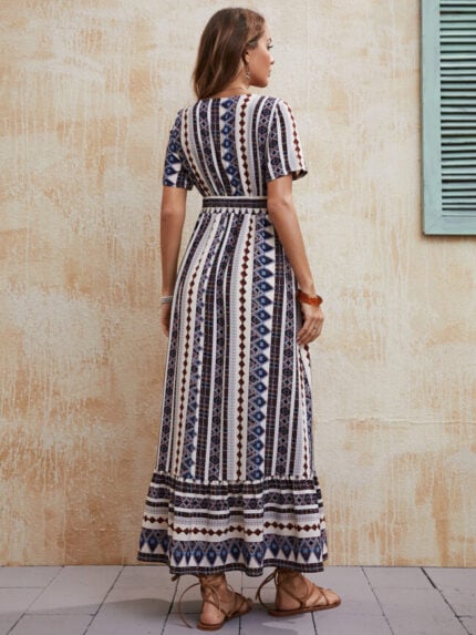 Wholesale Boho Print V Neck High Waist Dress