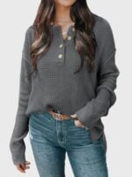 Wholesale Button Crew Neck Long Sleeve Sweater