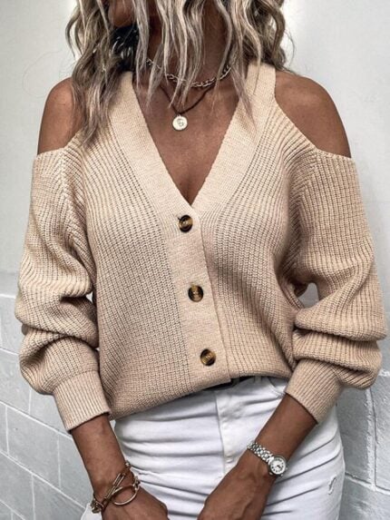 Wholesale Cold Shoulder V Neck Long Sleeve Sweater