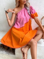 Wholesale Color Block Off Shoulder Puff Sleeve Dress