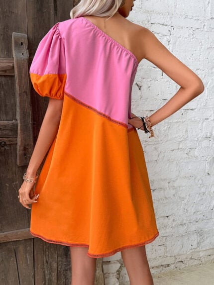 Wholesale Color Block Off Shoulder Puff Sleeve Dress