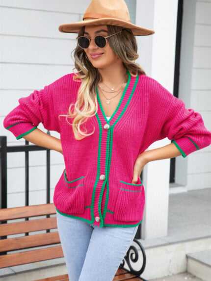 Wholesale Color Block Pocket V Neck Knit Cardigan