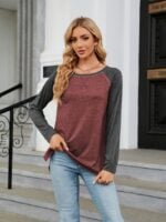 Wholesale Color Block Round Neck Long Sleeve Top