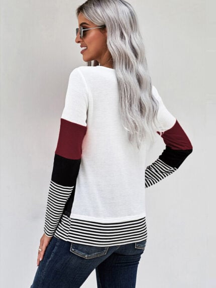 Wholesale Color Block Waffle Long Sleeve T-Shirt