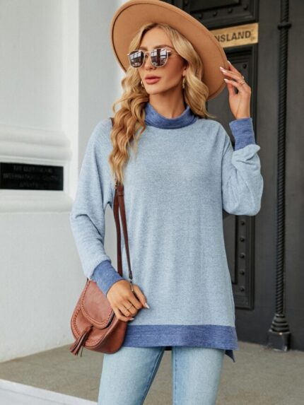 Wholesale Contrasting Color High Neck Long Sleeve Top